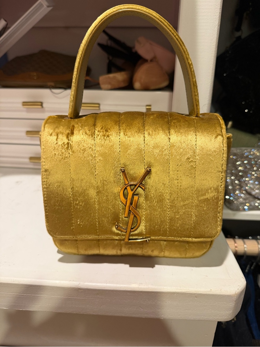 Saint Laurent Gold Velvet Quilted Top-Handle Mini Bag